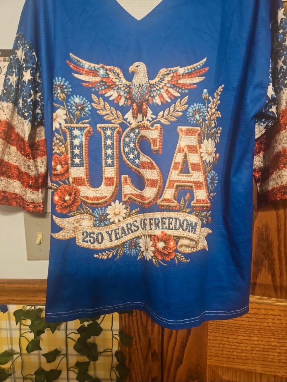 Patriotic Blue USA Graphic Top - 250 Years of Freedom